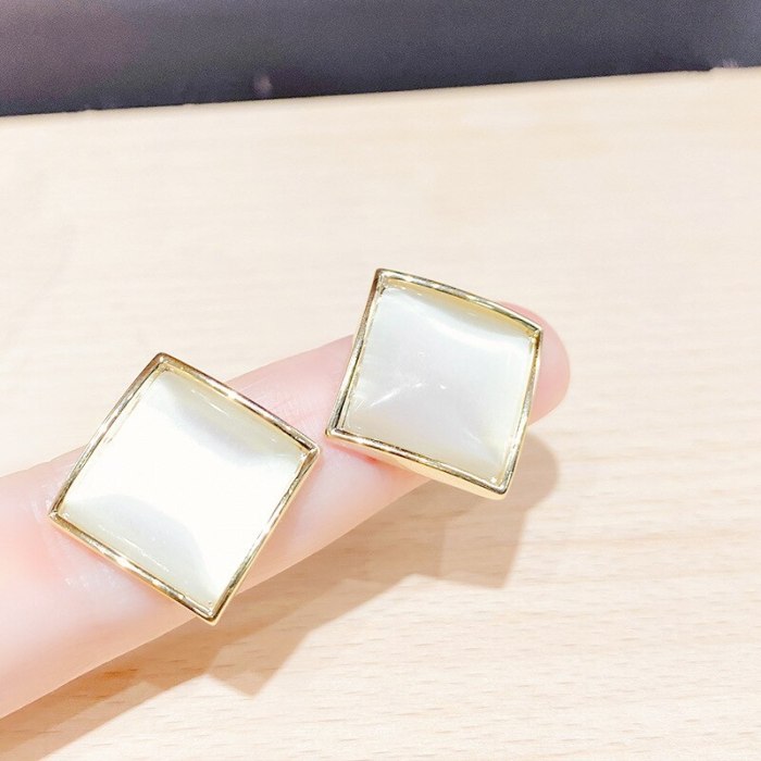 Sterling Silver Needle Beautiful Square Earrings Minimalist Design Earrings Korean Opal Shiny Diamond Ear Studs