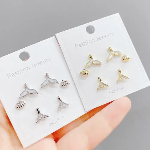 Micro Inlaid Zircon Fishtail Three-Piece Earrings One Card Three Pairs Combination Sterling Silver Needle Earrings