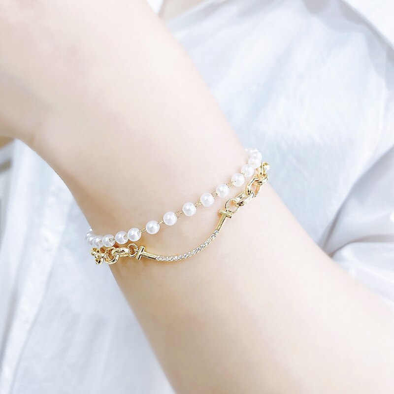 Handmade Temperament Pearl Bracelet Freshwater Pearl Baroque Gold Plated Hand Jewelry Women's Bracelet