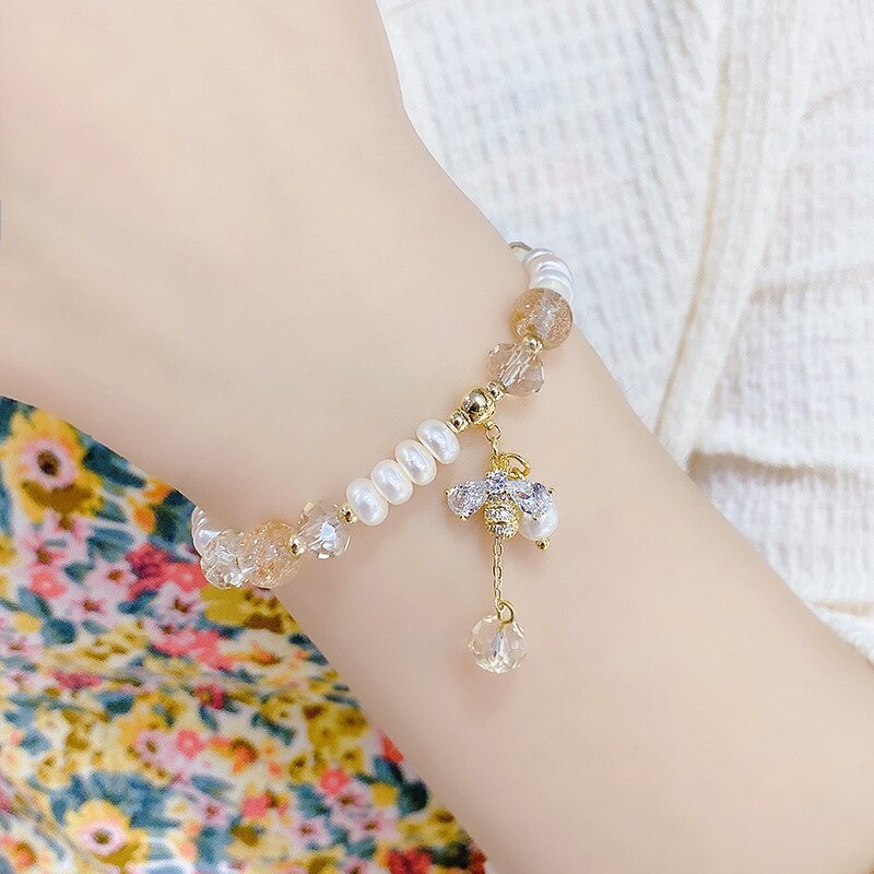 Freshwater Pearl Micro Inlaid Zircon Little Bee Bracelet Korean Simple Bracelet Ins Fashion Simple Bracelet Hand Jewelry