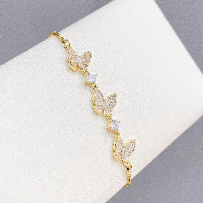 Korean Style Simple Micro Inlaid Zircon Pull Bracelet Female Butterfly Bracelet Copper Plated Real Gold Adjustable Bracelet