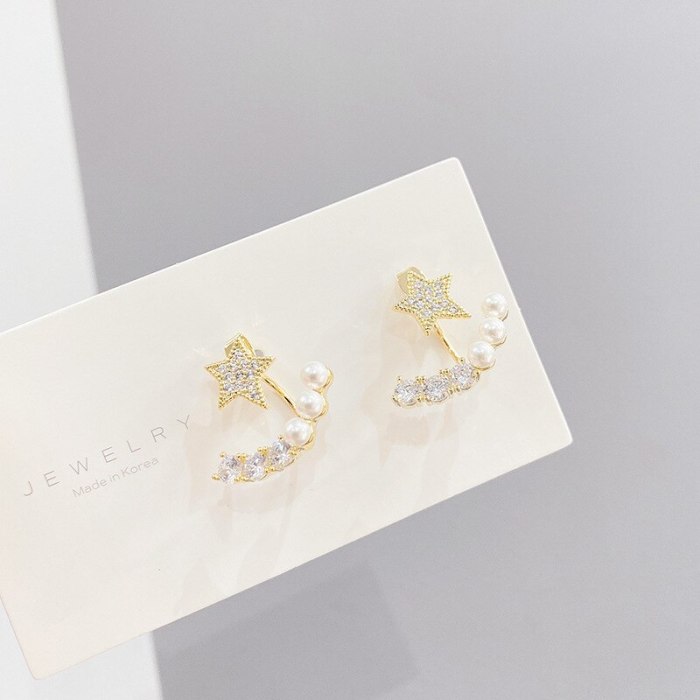 S925 Silver Pearl Stud Earrings Micro Inlaid Zircon Pentagram Earrings Female Earrings