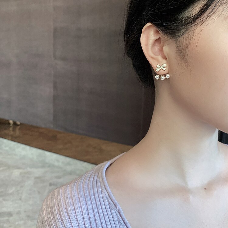 Earrings High-Grade round Face Bow Pearl Eardrops Earrings Sterling Silver Needle Korean Stud Earrings Women