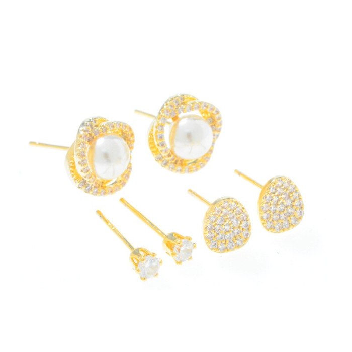 Micro Inlaid Zircon Pearl Three-Piece Earrings Sterling Silver Needle One Card Three Pairs Combination Earrings