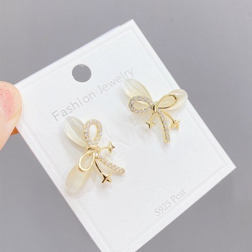Korean Style Cymophanitel Micro Inlaid Zircon Bowknot Earrings Sterling Silver Needle Sweet Cute Earrings Women