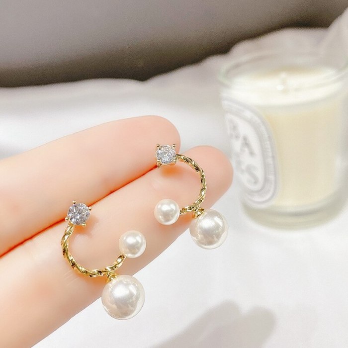 925 Silver Needle C- Type Zircon Pearl Stud Earrings Women's All-Match Small and Simple Internet Influencer Earrings