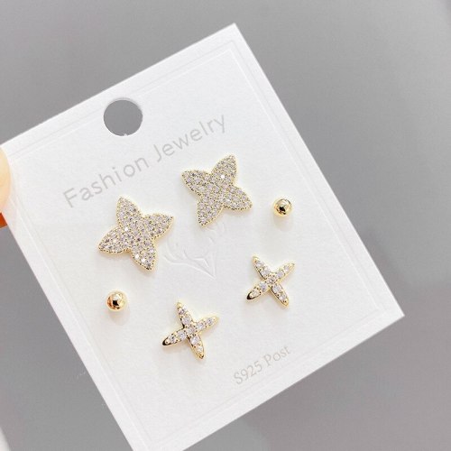 Sterling Silver Needle Three Pairs Storage Ear Studs Fine Zircon-Embedded Earrings Gold Plated Eight-Pointed Stars Earrings