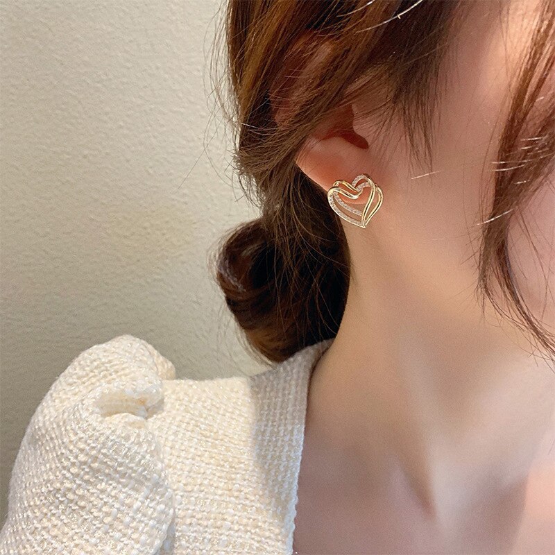 Sterling Silver Needle Earrings Korean Exquisite Double Love Net Red Earrings Hollow Heart Earrings Earrings