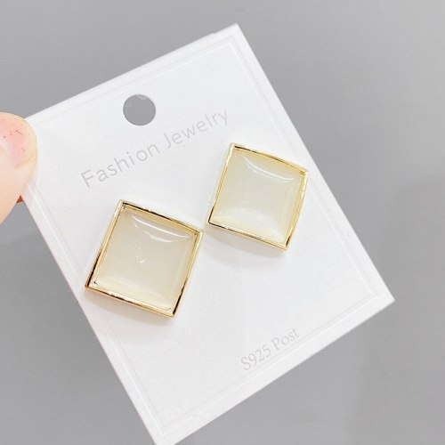 Sterling Silver Needle Beautiful Square Earrings Minimalist Design Earrings Korean Opal Shiny Diamond Ear Studs
