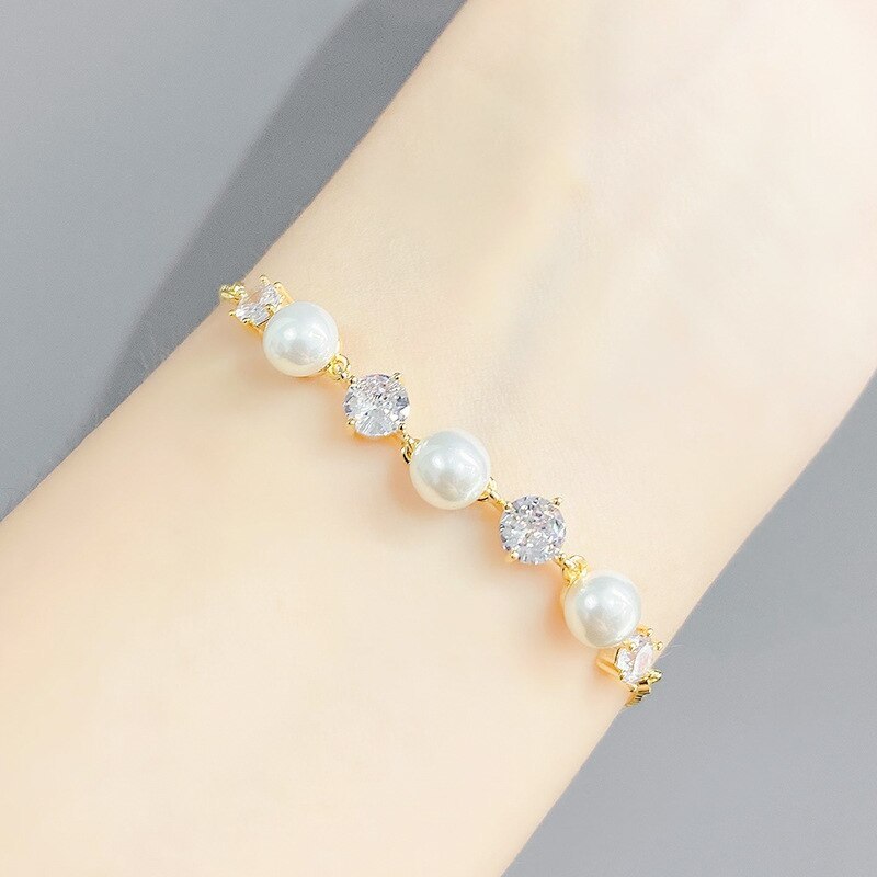 Korean-Style Micro Inlaid Zircon Pearl Pull Bracelet Women's Electroplated Real Gold Adjustable Bracelet