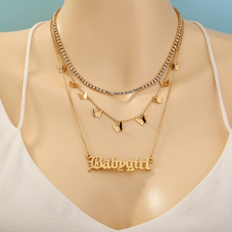 European and American Necklace Jewelry Fashion Multi-Layer Claw Chain Butterfly Tassel Necklace Letter Pendant Necklace