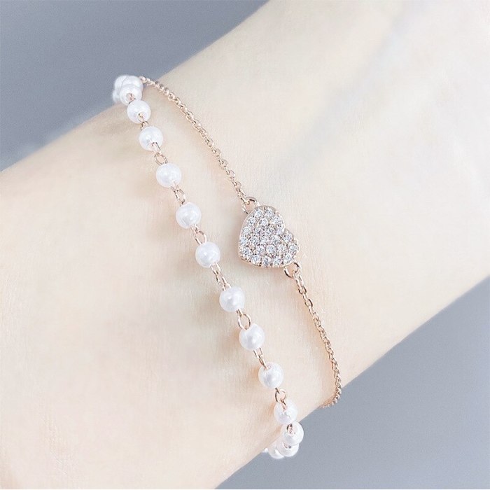 Micro Inlaid Zircon Korean Fashion Bracelet Women's Pearl Bracelet Fashion Student Peach Heart Hand Jewelry