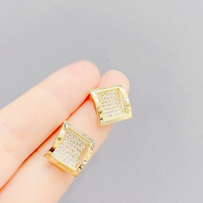 Korean Style Fashionable Sterling Silver Needle Square Stud Earrings Women's Micro-Inlaid Zircon Earrings Stud Earrings Earrings