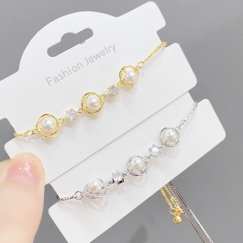 New Pearl Pull Bracelet Women's Korean-Style Stylish Adjustable Bracelet Gold Plated Hand Jewelry