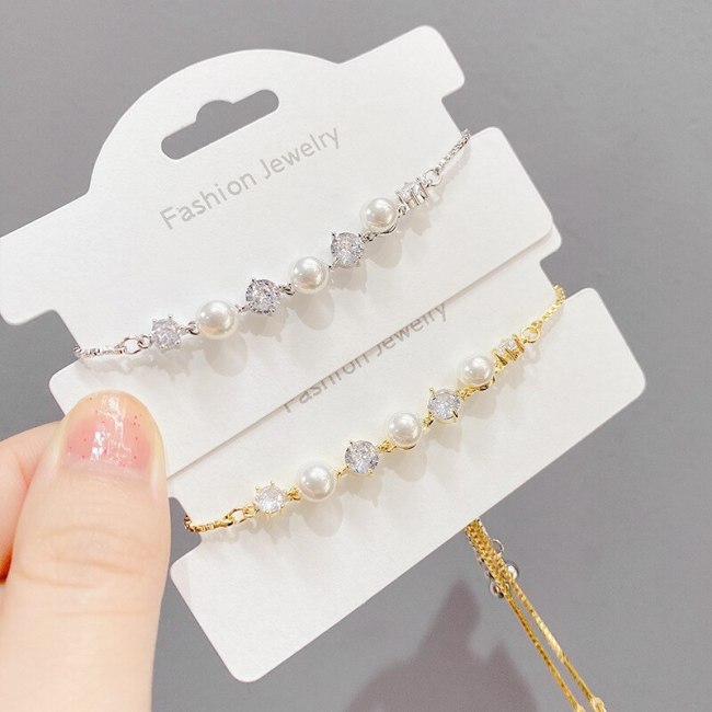 Korean-Style Micro Inlaid Zircon Pearl Pull Bracelet Women's Electroplated Real Gold Adjustable Bracelet