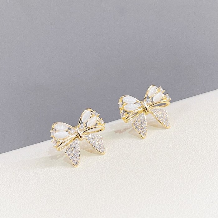 Sterling Silver Needle Micro Inlaid Zircon Bow French Full Diamond Earrings All-Matching Graceful Sweet Earrings