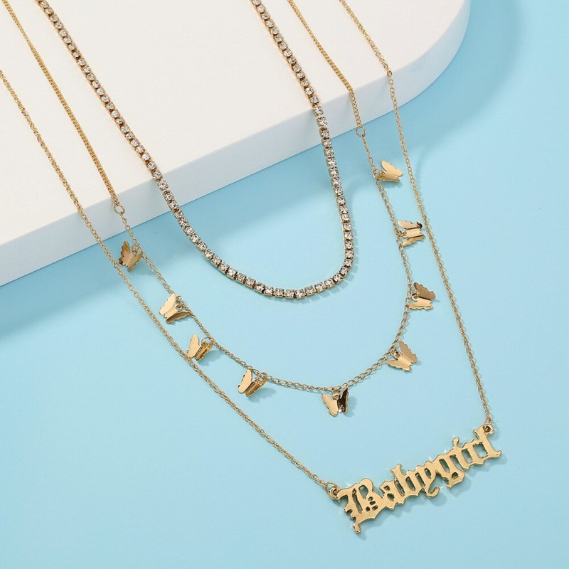 European and American Necklace Jewelry Fashion Multi-Layer Claw Chain Butterfly Tassel Necklace Letter Pendant Necklace