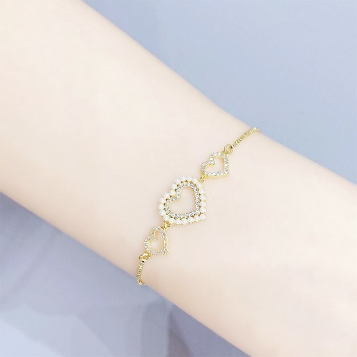 Korean Style Vintage Pearl Peach Heart Pendant Bracelet Girl Heart Ins Super Sweet Student Bracelet Hand Jewelry