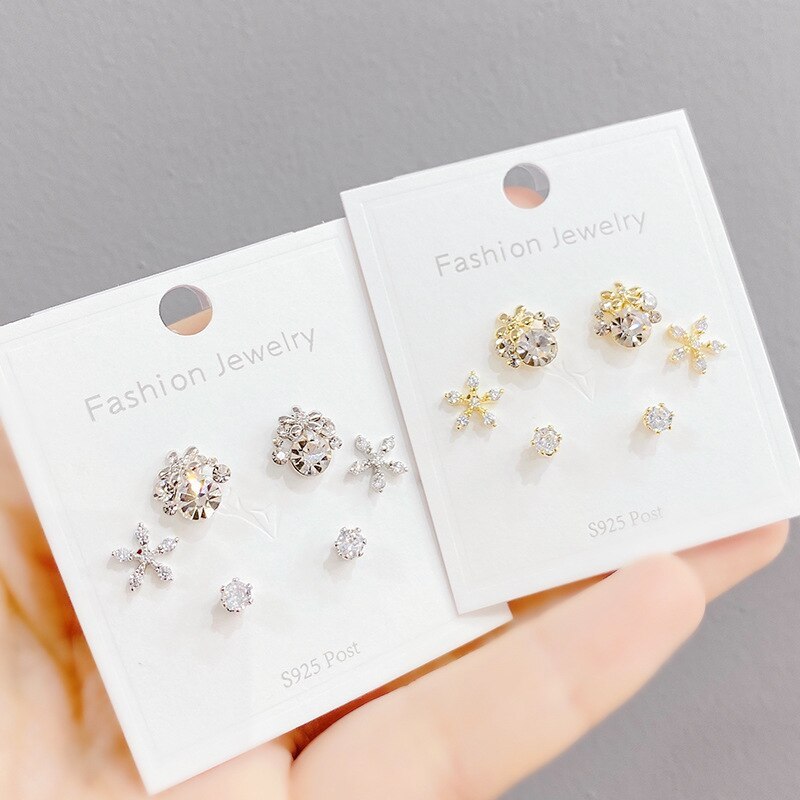 Sterling Silver Needle Micro Inlaid Zircon Petal Stud Earrings Small Personality One Card Three Pairs Combination Earrings