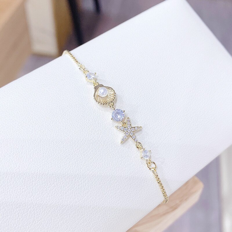 Real Gold Electroplated Zircon Bracelet Korean Fashion All-Match Shell Pearl Bracelet Adjustable Hand Jewelry Wholesale