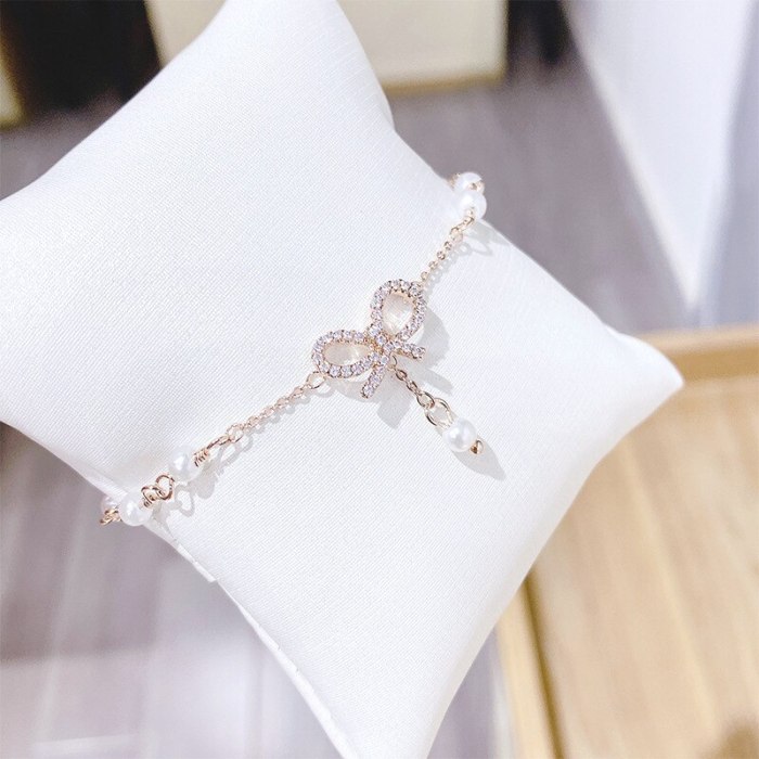 New Bracelet Women's Korean-Style Simple Double Layers Loving Heart Bow Bracelet Full Diamond Pearl Bracelet
