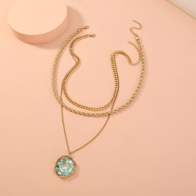 European Metal Texture Hemp Flowers Chain Necklace Simple Multi-Layer Green Shell Natural Stone Imitated round Necklace