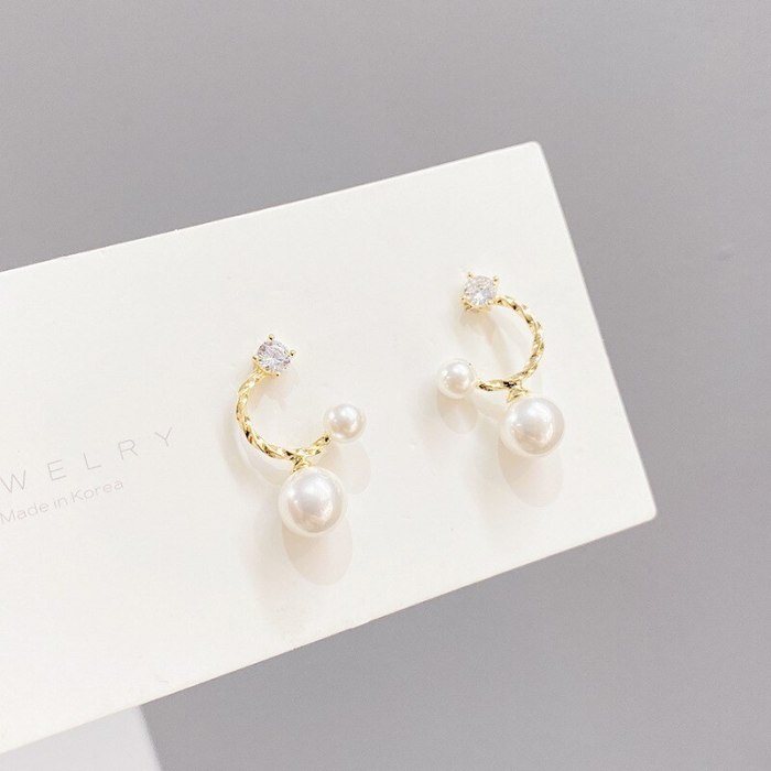 925 Silver Needle C- Type Zircon Pearl Stud Earrings Women's All-Match Small and Simple Internet Influencer Earrings
