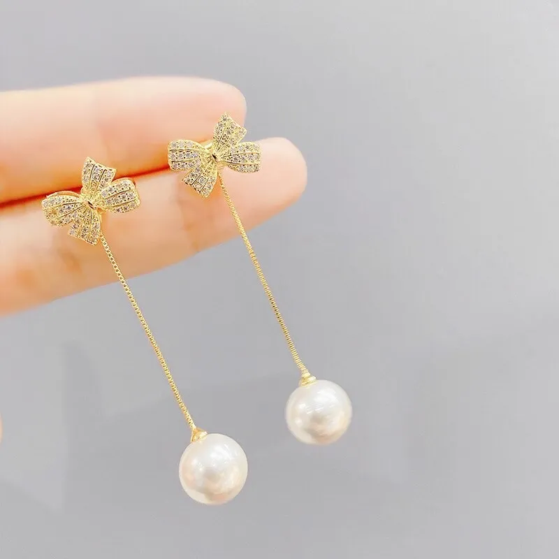 Korean Sweet Cute S925 Pearl Bow Stud Earrings Elegant Tassel Earrings Earrings for Women