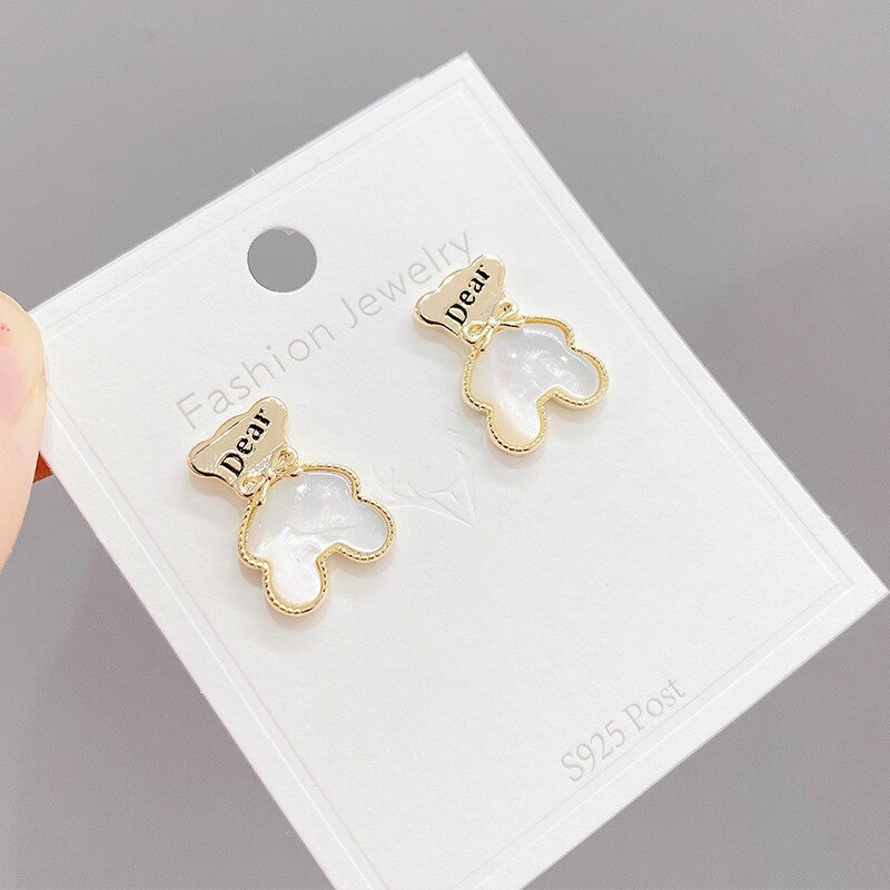 Real Gold Plated Sterling Silver Needle Earrings Korean Shell Letter Bear Ear Studs Personality Wild Earrings