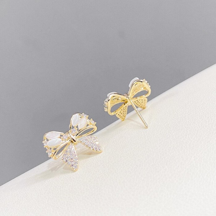 Sterling Silver Needle Micro Inlaid Zircon Bow French Full Diamond Earrings All-Matching Graceful Sweet Earrings