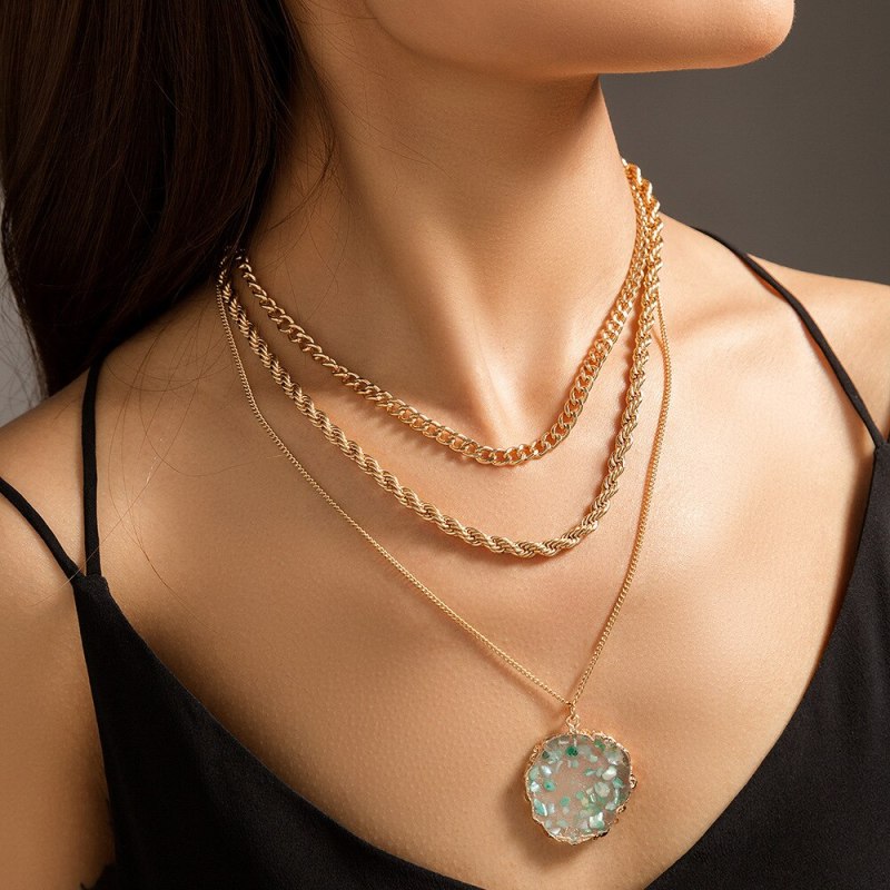 European Metal Texture Hemp Flowers Chain Necklace Simple Multi-Layer Green Shell Natural Stone Imitated round Necklace