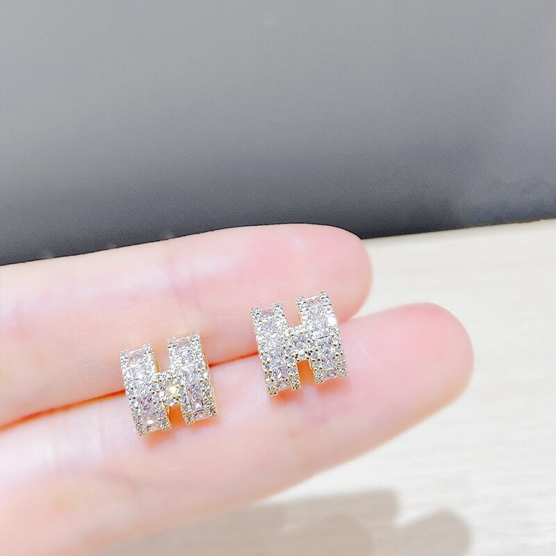 Sterling Silver Needle Korean Stud Earrings Personal Influencer Temperament Wild H Alphabet Letter Earrings Short Ornament