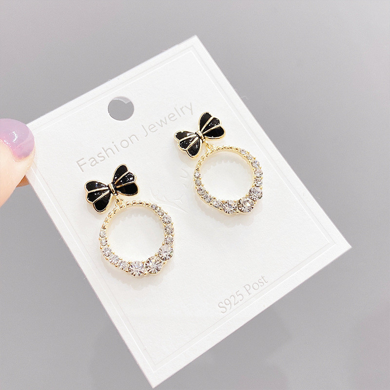 Sterling Silver Needle Korean Fashion Stud Earrings for Women Micro Inlaid Zircon round Ring Earrings Bow Eardrops Earrings