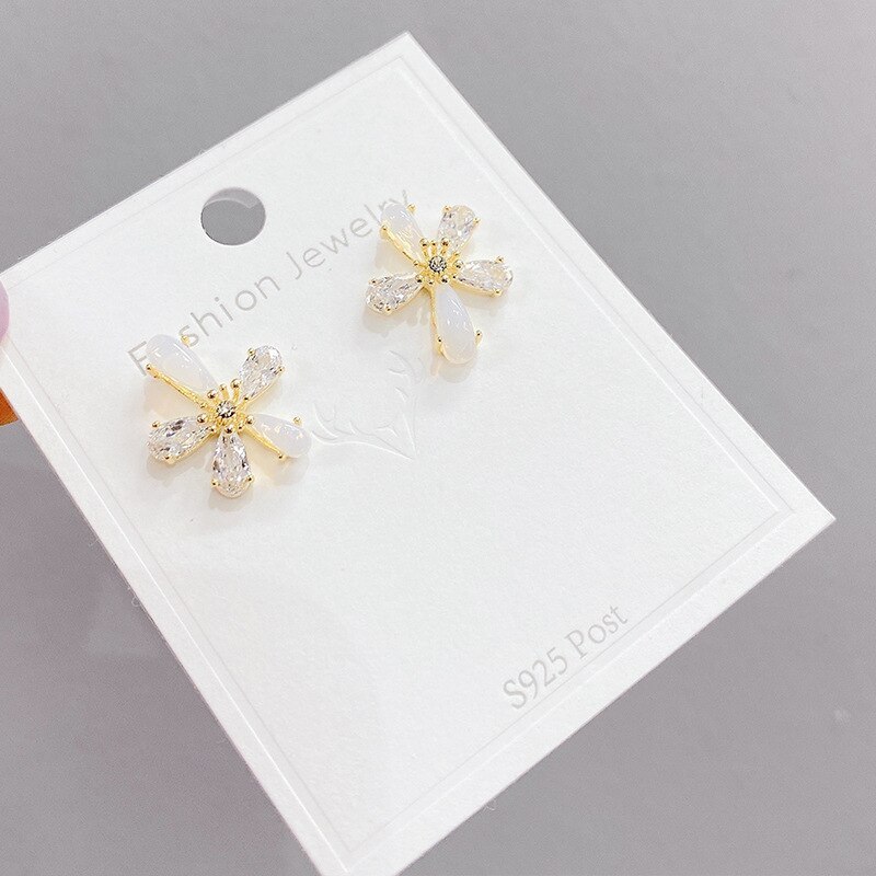 Korean Sterling Silver Needle Zircon Hollow Flower Earrings Petals Fresh All-Match Temperamental Stud Earrings