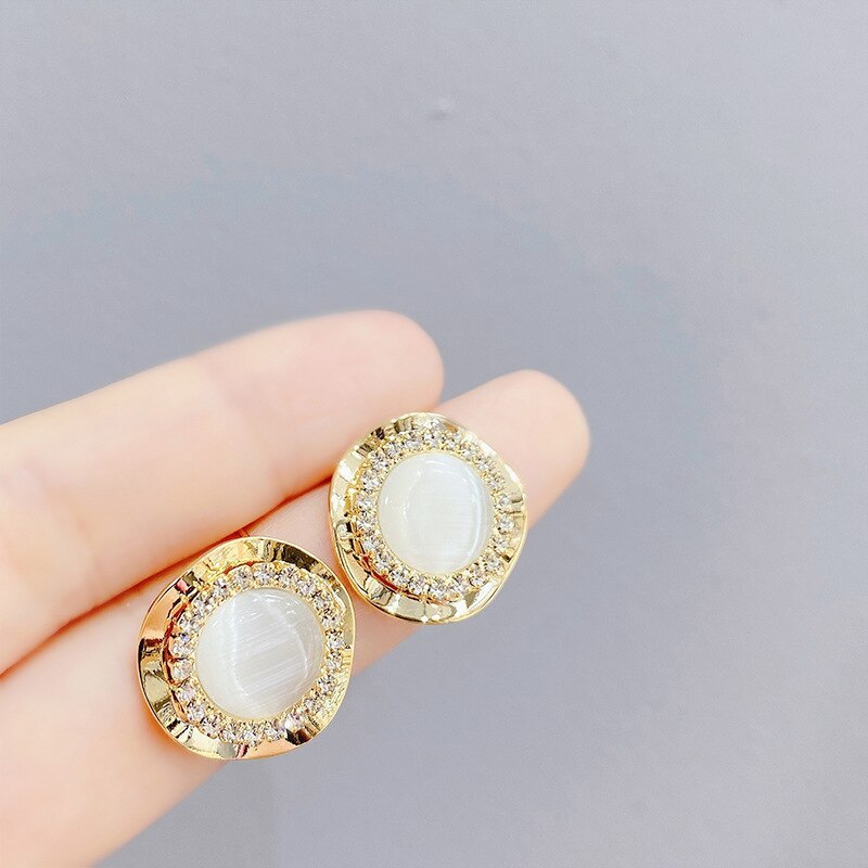 Round Opal Pearl Zircon Korean Style New Studs 925 Silver Needle Fashionable Earrings