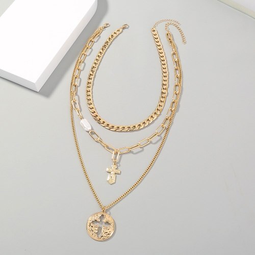 European and American Plaid Chain Cross Pendant Necklace DIY Multi-Layer Twin Creative Hipster Necklace Jewelry