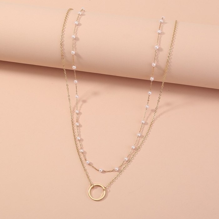 European and American Necklace Ornament Simple All-Match Multi-Layer Pearl Slim Chain round Pendant Multi-Layer Twin Necklace