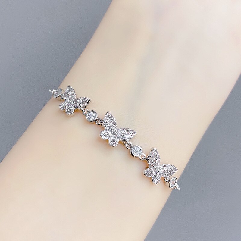 Copper Micro Inlaid Zircon Bracelet Korean Fashion Pull Bracelet Special-Interest Design Butterfly Bracelet Ornament