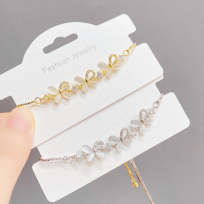 Women's Korean-Style Fashionable Opal Bow Pull Bracelet with Micro Inlaid Zircon Adjustable Bracelet