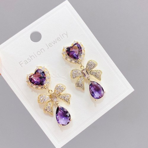 Sterling Silver Needle Micro-Inlaid Full Diamond Bow Stud Earrings Noble Elegant Purple Zircon Earrings Peach Heart Earrings