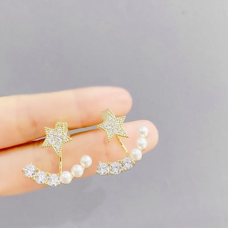 S925 Silver Pearl Stud Earrings Micro Inlaid Zircon Pentagram Earrings Female Earrings