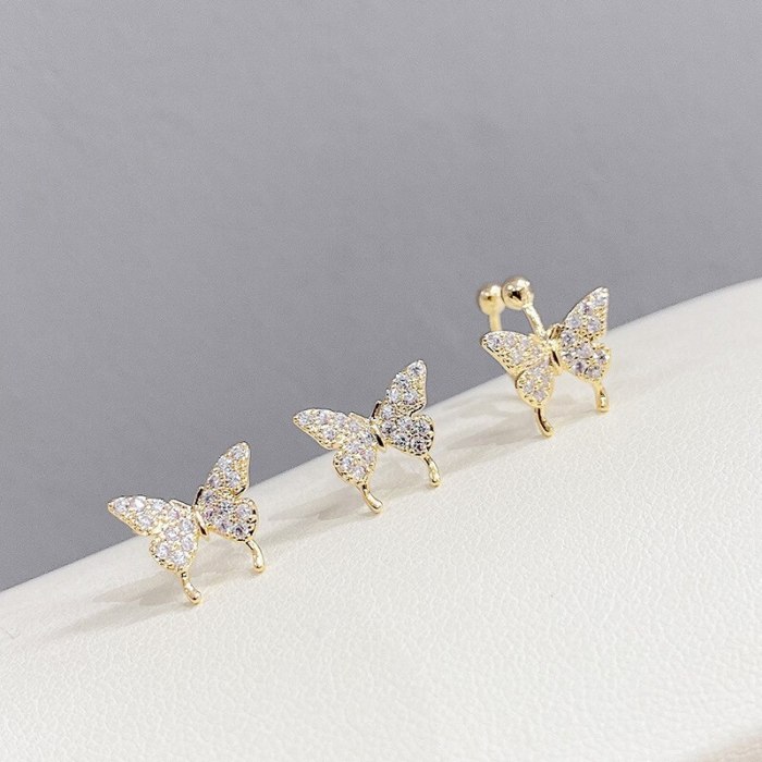 Korean Stud Earrings Ear Clip Butterfly Full-Jeweled Stud Earrings 925 Silver Needle All-Match Butterfly Ear Clip