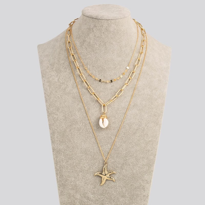 European and American Ocean Style Necklace Fashion Personality Beach Shell Multi-Layer Necklace Metal Starfish Pendant Jewelry