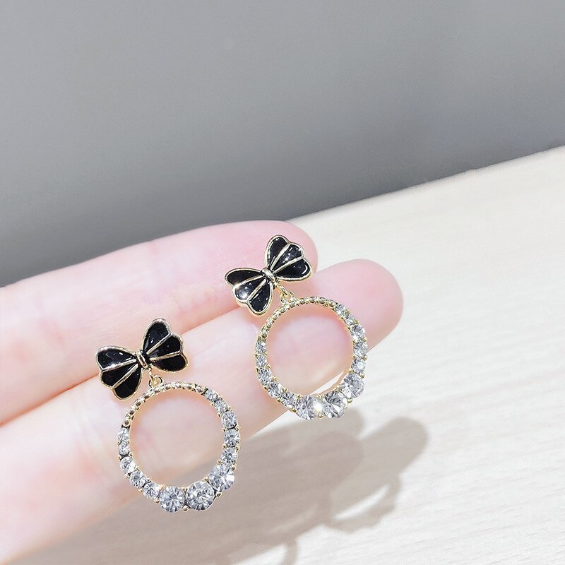 Sterling Silver Needle Korean Fashion Stud Earrings for Women Micro Inlaid Zircon round Ring Earrings Bow Eardrops Earrings