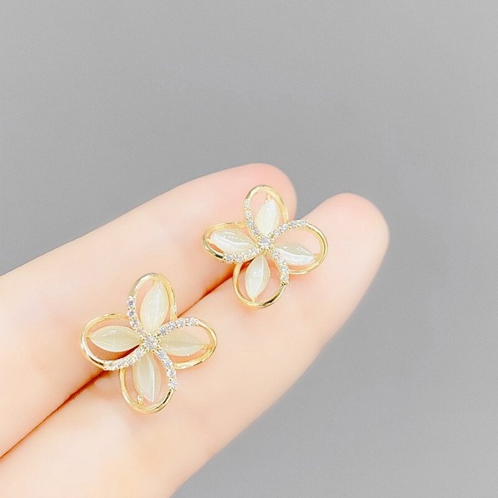 Sterling Silver Needle Cute Opal Flower Rhinestone-Embedded Stud Earrings Female Korean Temperament Personality Petal Earrings