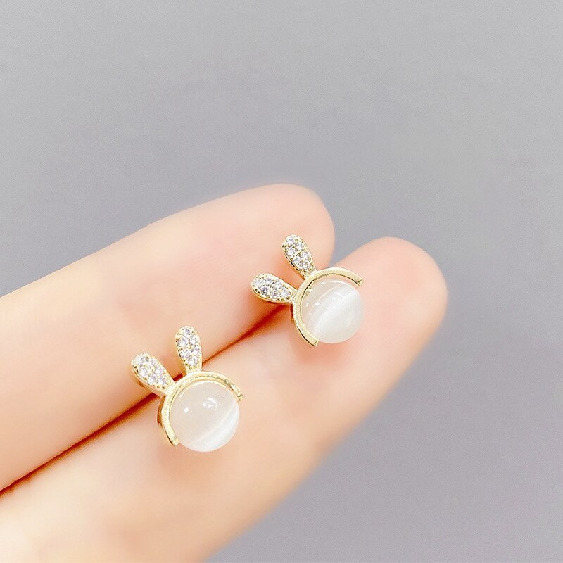 Cute Rabbit Opal Stone Ear Studs Women's Small and Simple Earrings Temperament Entry Lux Style Sterling Silver Needle Earrings