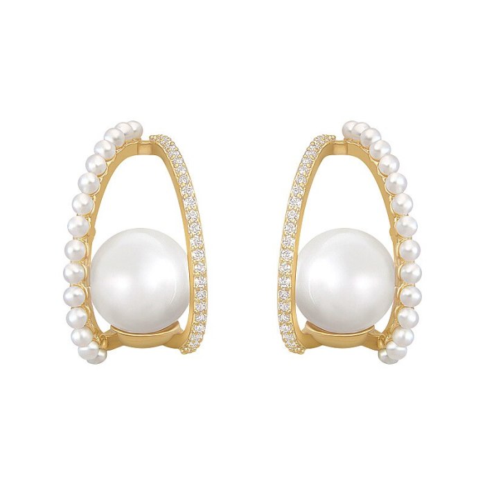 Sterling Silver Needle Rhinestone Pearl C- Shaped Stud Earrings Simple and Stylish Personality Earrings Graceful Earrings Women