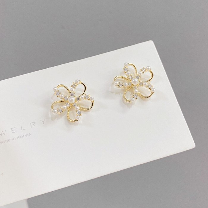 S925 Sterling Silver Needle Micro Inlaid Zircon Pearl Stud Earrings SUNFLOWER Personality Fashion French Earrings Women