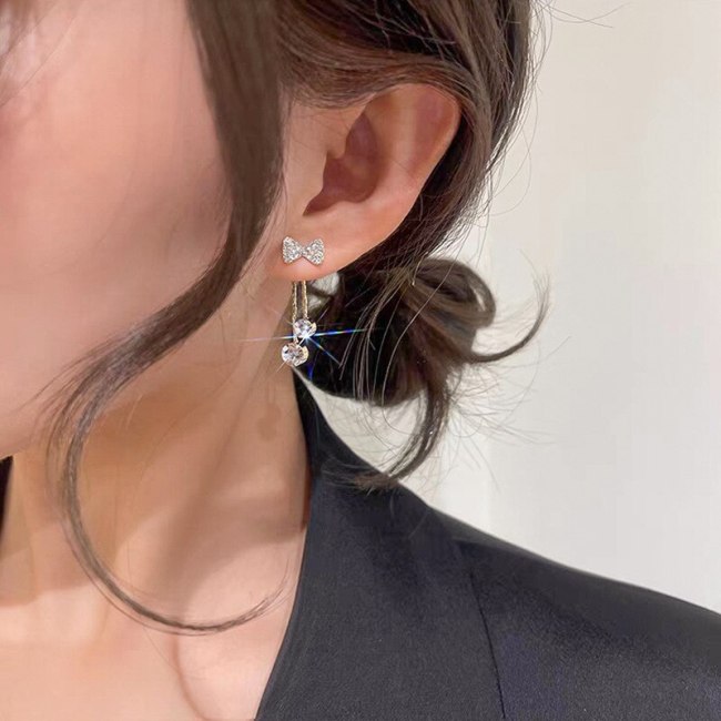 Korean Zircon Bow Tassel Earrings Elegant All-Match Earrings Sterling Silver Needle Earrings