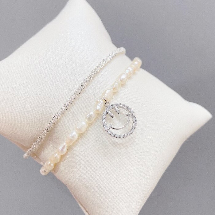 Fashion Multi-Layer Bracelet Women's Baroque Freshwater Pearl Bracelet Micro Inlaid Zircon Full Diamond Smiley Face Bracelet